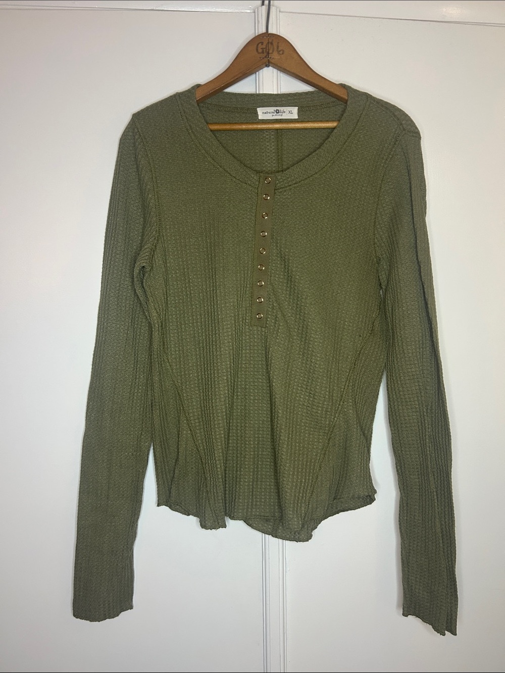 Natural Life Olive Green Waffle Knit Henley Top - Picture 2 of 7
